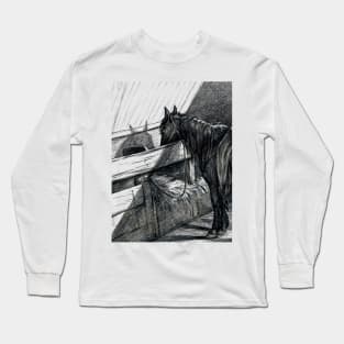 Jean Bernard's Standing Horse in a Stable Edited Black And White Long Sleeve T-Shirt